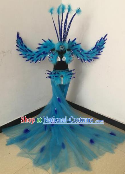 Top Grade Samba Dance Costumes Brazilian Carnival Catwalks Blue Swimsuit and Feather Wings for Kids