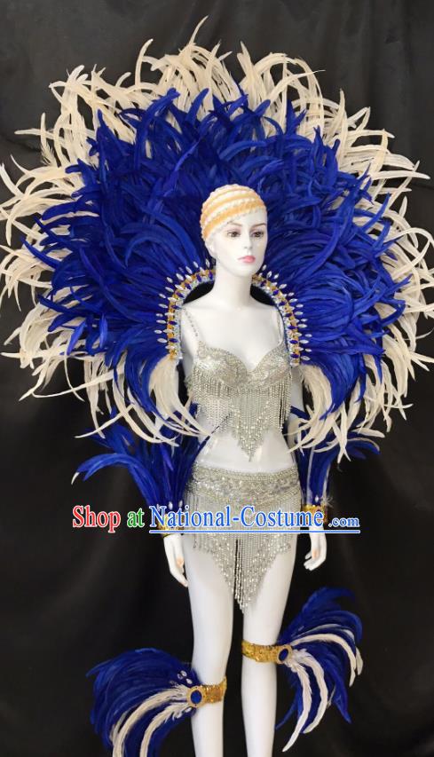 Brazilian Rio Carnival Samba Dance Blue Feather Costumes Halloween Catwalks Deluxe Feather Swimsuit and Wings for Women