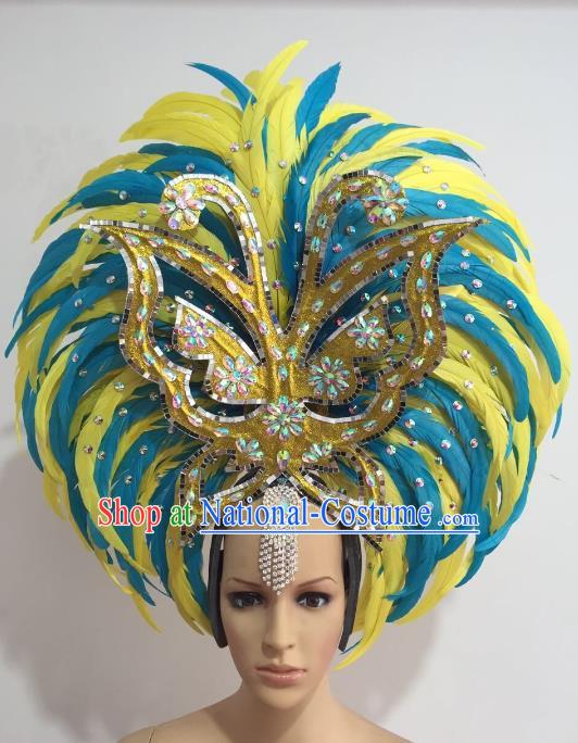 Brazilian Carnival Catwalks Ostrich Feather Hair Accessories Rio Samba Dance Yellow and Blue Feather Deluxe Headwear for Women