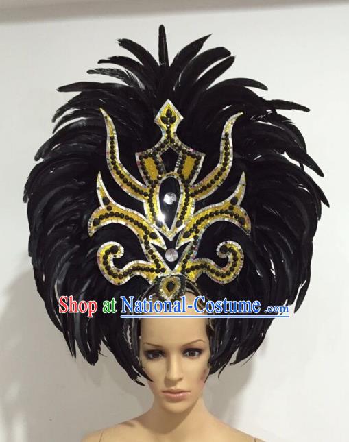 Brazilian Carnival Catwalks Black Ostrich Feather Headdress Rio Samba Dance Deluxe Hair Accessories for Women