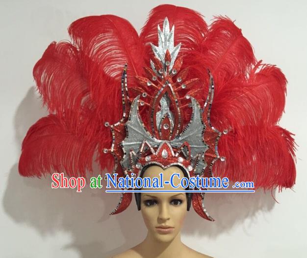 Brazilian Carnival Catwalks Red Ostrich Feather Headdress Rio Samba Dance Deluxe Hair Accessories for Women