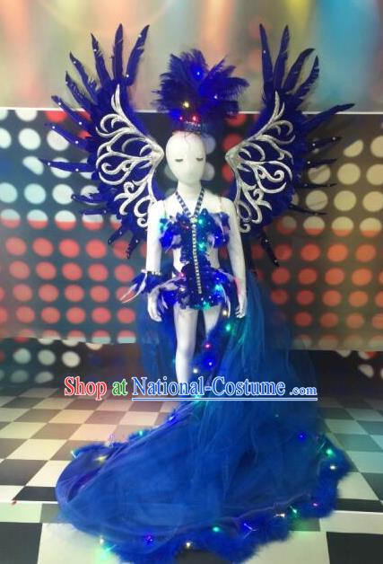 Top Grade Catwalks Costumes Brazilian Carnival Samba Dance Blue Feather Swimsuit with Wings for Kids