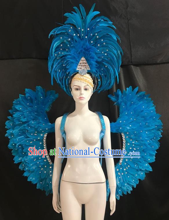 Brazilian Rio Carnival Samba Dance Blue Feather Wings and Headwear for Adults