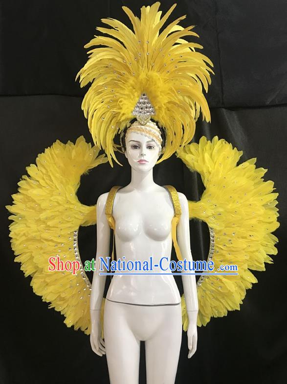 Brazilian Rio Carnival Samba Dance Yellow Feather Wings and Headwear for Adults