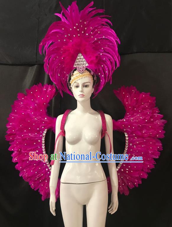 Brazilian Rio Carnival Samba Dance Rosy Feather Wings and Headwear for Adults