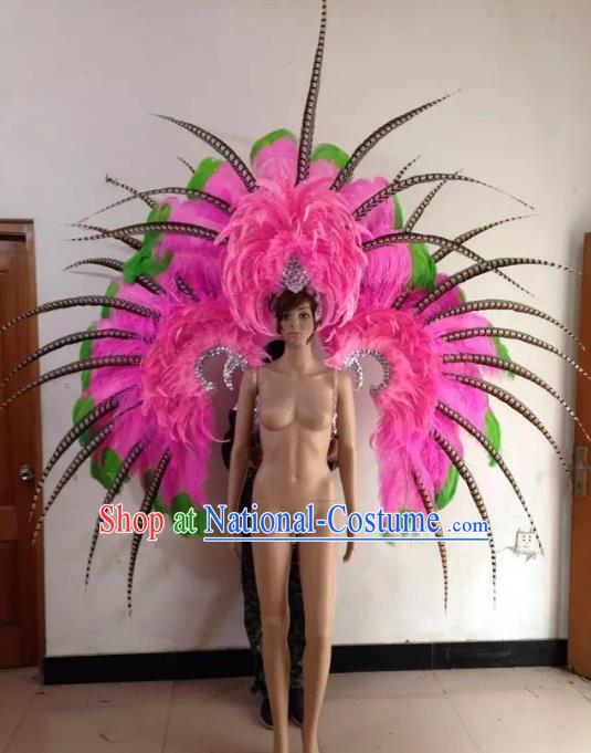 Custom-made Catwalks Props Brazilian Rio Carnival Samba Dance Pink Feather Wings and Headdress for Women