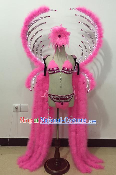 Brazilian Rio Carnival Samba Dance Costume Catwalks Pink Feather Wings and Headwear for Kids