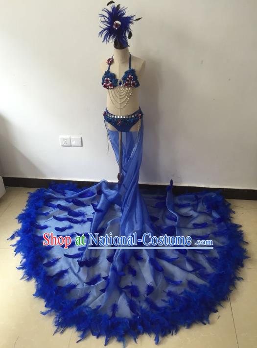 Brazilian Rio Carnival Samba Dance Costumes Catwalks Blue Feather Trailing Swimsuit Dress for Kids