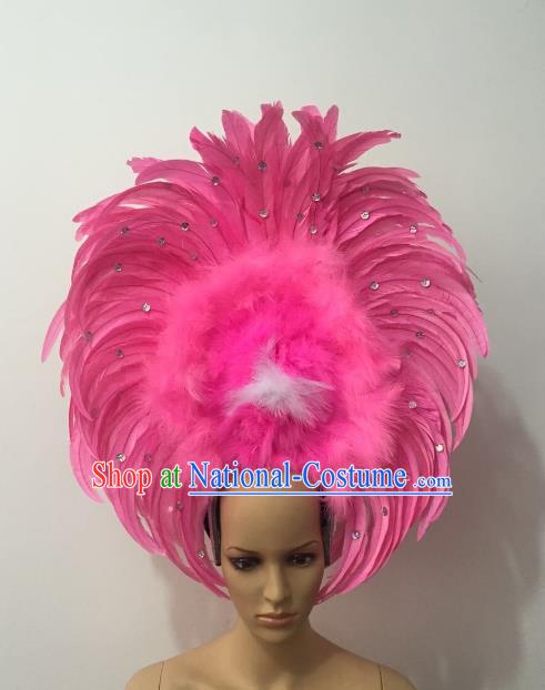 Handmade Catwalks Hair Accessories Brazilian Rio Carnival Samba Dance Pink Feather Headdress for Women