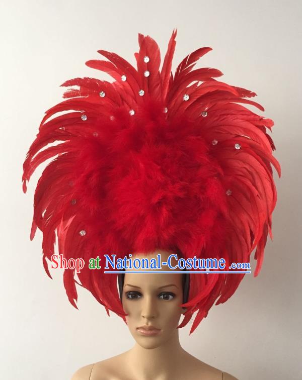 Handmade Catwalks Hair Accessories Brazilian Rio Carnival Samba Dance Red Feather Headdress for Women