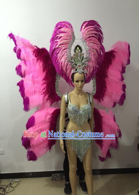 Brazilian Rio Carnival Samba Dance Costumes Catwalks Pink Butterfly Feather Wings Swimsuit and Headwear for Women