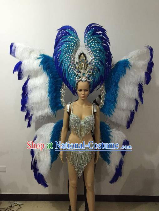 Brazilian Rio Carnival Samba Dance Costumes Catwalks Blue Butterfly Feather Wings Swimsuit and Headwear for Women