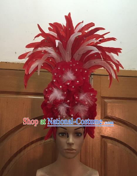 Handmade Samba Dance Hair Accessories Brazilian Rio Carnival Deluxe Red Feather Flowers Headdress for Women