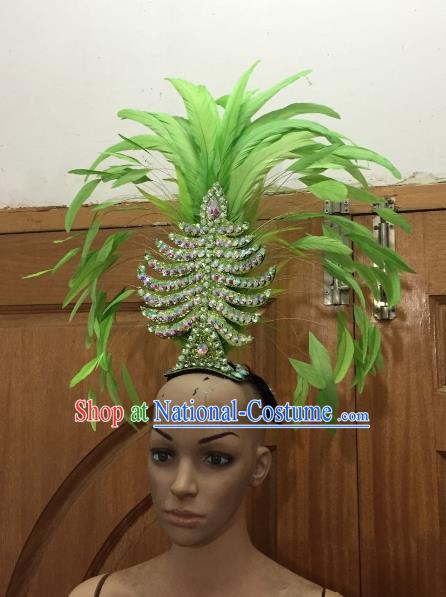 Handmade Samba Dance Deluxe Green Feather Hair Accessories Brazilian Rio Carnival Headdress for Women