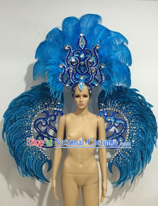 Brazilian Catwalks Headdress and Props Rio Carnival Samba Dance Blue Feather Wings and Headwear for Women