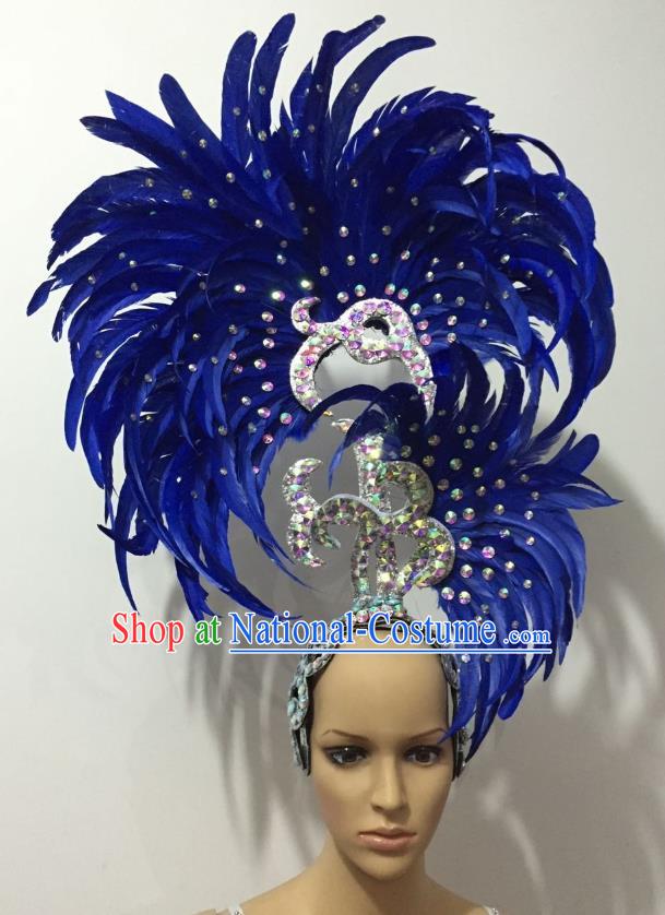 Handmade Samba Dance Deluxe Royalblue Feather Hair Accessories Brazilian Rio Carnival Headdress for Women