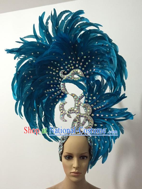 Handmade Samba Dance Deluxe Blue Feather Hair Accessories Brazilian Rio Carnival Headdress for Women