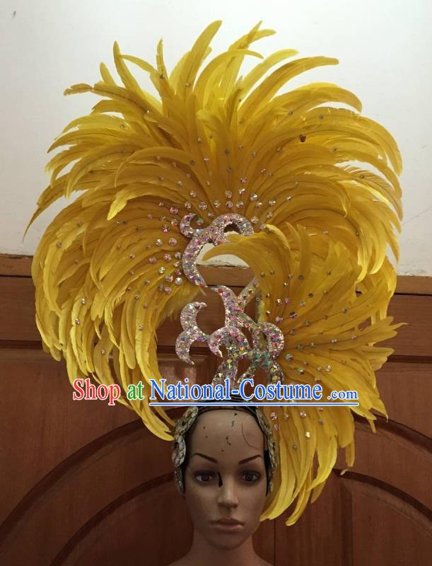 Handmade Samba Dance Deluxe Yellow Feather Hair Accessories Brazilian Rio Carnival Headdress for Women