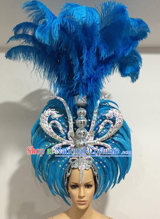 Brazilian Carnival Catwalks Blue Feather Headdress Rio Samba Dance Deluxe Hair Accessories for Women