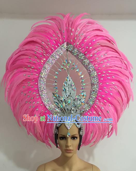 Brazilian Carnival Catwalks Pink Feather Diamante Headdress Rio Samba Dance Deluxe Hair Accessories for Women