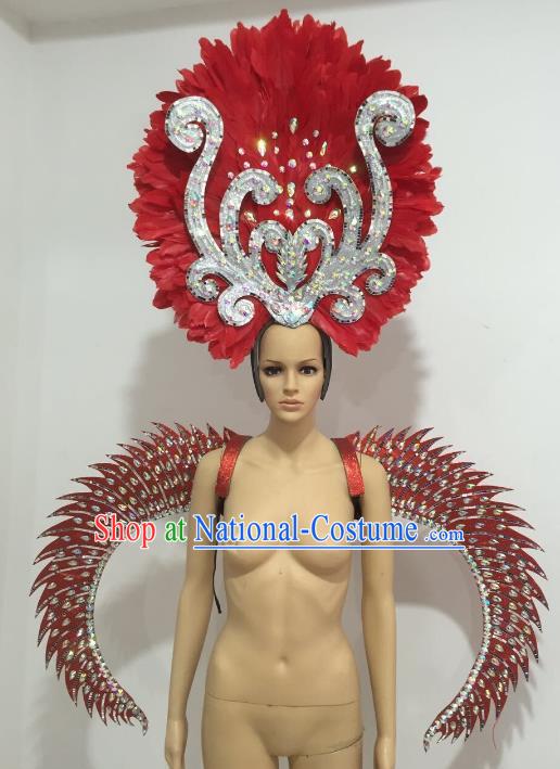 Brazilian Catwalks Headdress and Props Rio Carnival Samba Dance Red Feather Wings and Headwear for Women