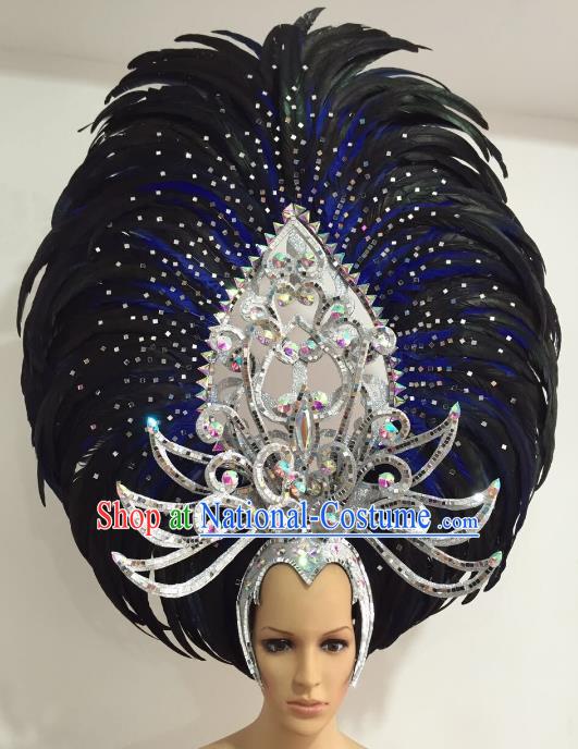 Top Grade Brazilian Carnival Catwalks Black Feather Headdress Rio Samba Dance Miami Deluxe Hair Accessories for Women