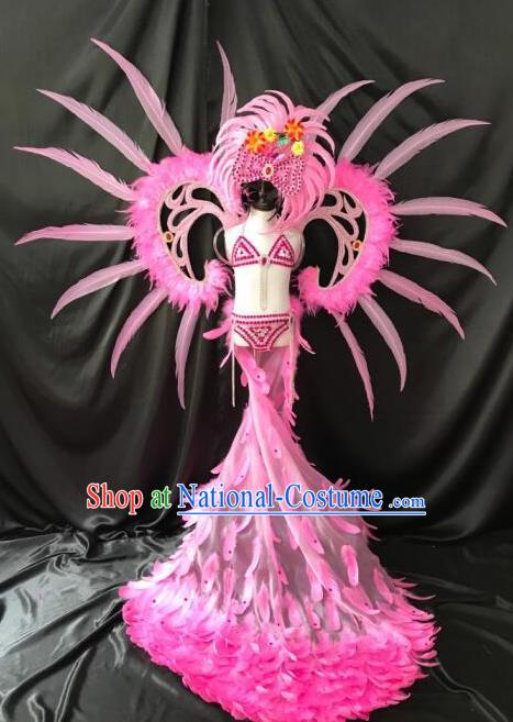 Top Grade Catwalks Costumes Brazilian Carnival Samba Dance Pink Feather Swimsuit and Wings for Kids