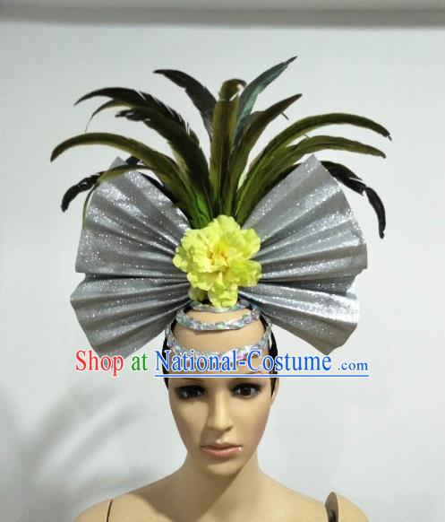 Top Grade Brazilian Carnival Catwalks Green Feather Headdress Rio Samba Dance Miami Deluxe Hair Accessories for Women