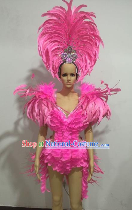 Top Grade Catwalks Costumes Brazilian Carnival Samba Dance Pink Feather Swimsuit and Headdress for Women