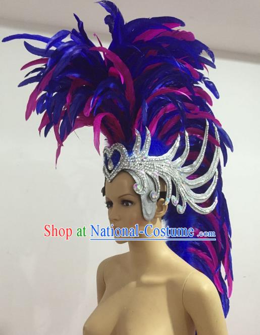 Brazilian Carnival Rio Samba Dance Blue and Rosy Feather Headdress Miami Catwalks Deluxe Hair Accessories for Men