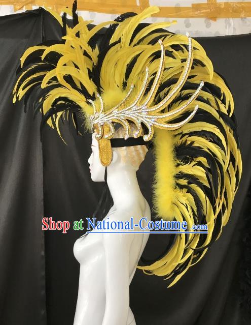 Brazilian Carnival Rio Samba Dance Yellow and Black Feather Headdress Miami Catwalks Deluxe Hair Accessories for Men