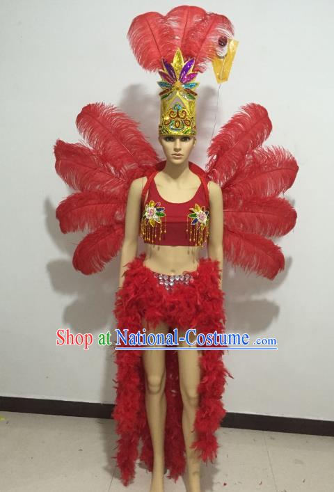 Top Grade Catwalks Costumes Brazilian Carnival Samba Dance Red Feather Swimsuit and Wings for Women