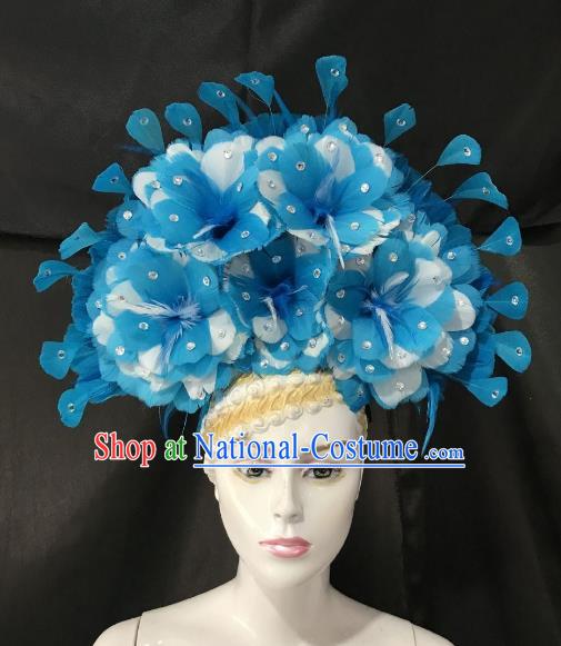 Brazilian Carnival Rio Samba Dance Blue Feather Headdress Miami Catwalks Hair Accessories for Men