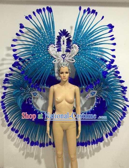 Brazilian Samba Dance Props Rio Carnival Miami Catwalks Blue Feather Wings and Headdress for Adults