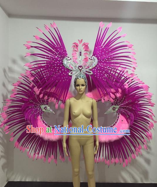 Brazilian Samba Dance Props Rio Carnival Miami Catwalks Rosy Feather Wings and Headdress for Adults