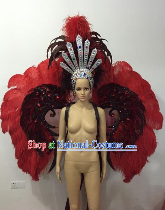 Brazilian Rio Carnival Samba Dance Props Catwalks Red Feather Wings and Headdress for Adults