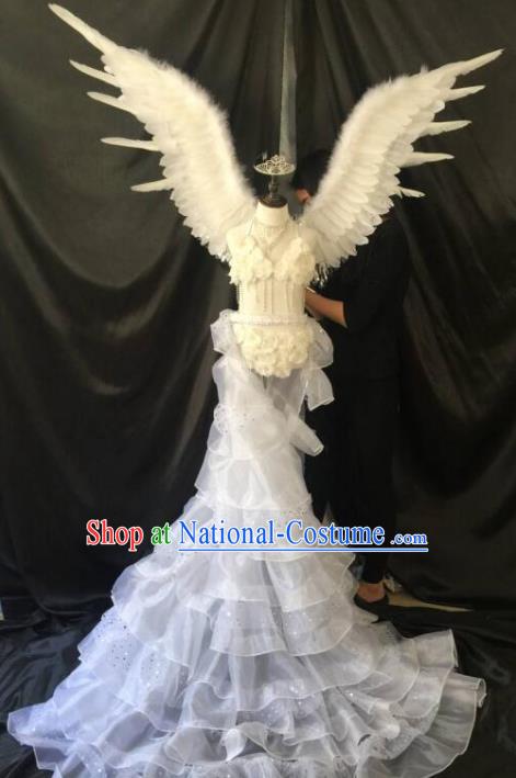 Brazilian Carnival Samba Dance Catwalks Costumes Trailing Swimsuit and White Feather Wings for Kids