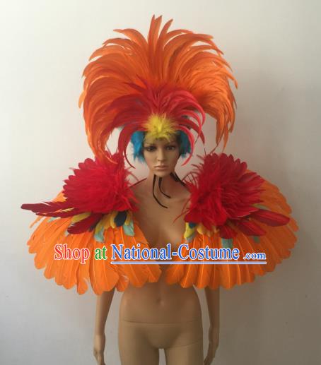 Brazilian Rio Carnival Samba Dance Props Catwalks Orange Feather Headdress for Adults