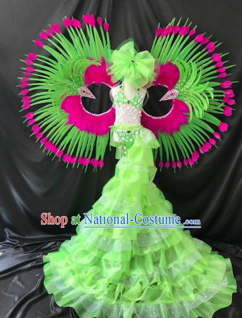 Brazilian Rio Carnival Samba Dance Costumes Catwalks Trailing Green Feather Swimsuit and Wings for Kids