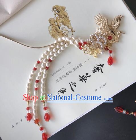 Chinese Traditional Hair Accessories Pearls Tassel Step Shake Hair Stick Ancient Crane Hairpins for Women