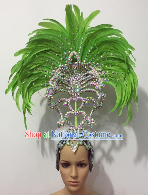 Brazilian Rio Carnival Samba Dance Green Feather Deluxe Headdress Stage Performance Hair Accessories for Women