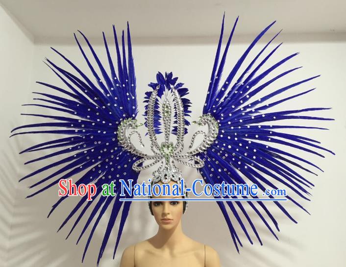 Brazilian Carnival Rio Samba Dance Royalblue Feather Headdress Miami Catwalks Deluxe Hair Accessories for Women