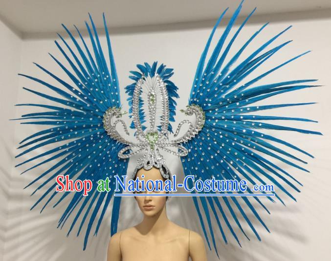 Brazilian Carnival Rio Samba Dance Blue Feather Headdress Miami Catwalks Deluxe Hair Accessories for Women