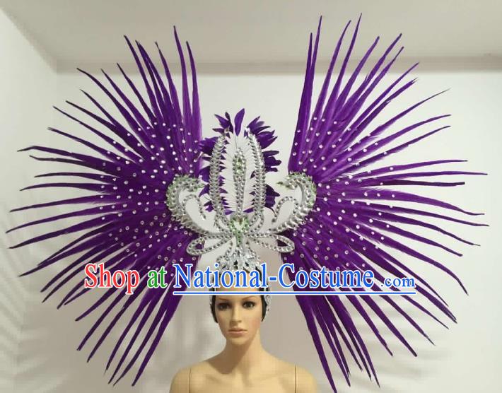 Brazilian Carnival Rio Samba Dance Purple Feather Headdress Miami Catwalks Deluxe Hair Accessories for Women