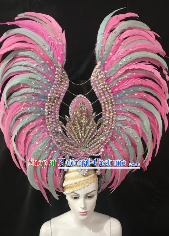 Brazilian Rio Carnival Samba Dance Deluxe Pink and Green Feather Headdress Stage Performance Hair Accessories for Women