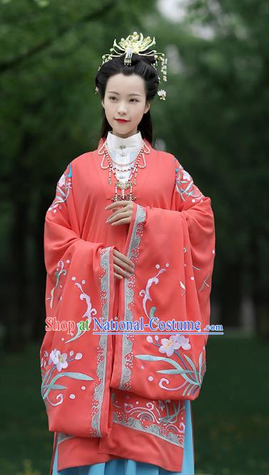 Chinese Ancient Nobility Female Red Hanfu Dress Ming Dynasty Imperial Consort Embroidered Costumes and Hair Accessories for Women