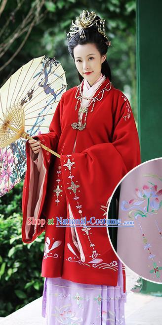 Chinese Ancient Palace Lady Red Hanfu Dress Ming Dynasty Imperial Consort Embroidered Costumes and Hair Jewelry Accessories for Women