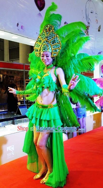 Brazilian Rio Carnival Samba Dance Costumes Catwalks Green Feather Wings Swimsuit and Headdress for Women