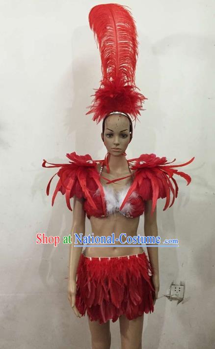 Brazilian Rio Carnival Samba Dance Costumes Catwalks Red Feather Swimsuit and Headdress for Women