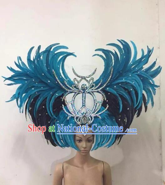 Customized Deluxe Blue Feather Samba Dance Hair Accessories Brazilian Rio Carnival Headdress for Women